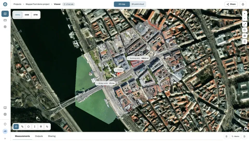 Orthomosaic of a project area open in the online viewer, shown from directly overhead